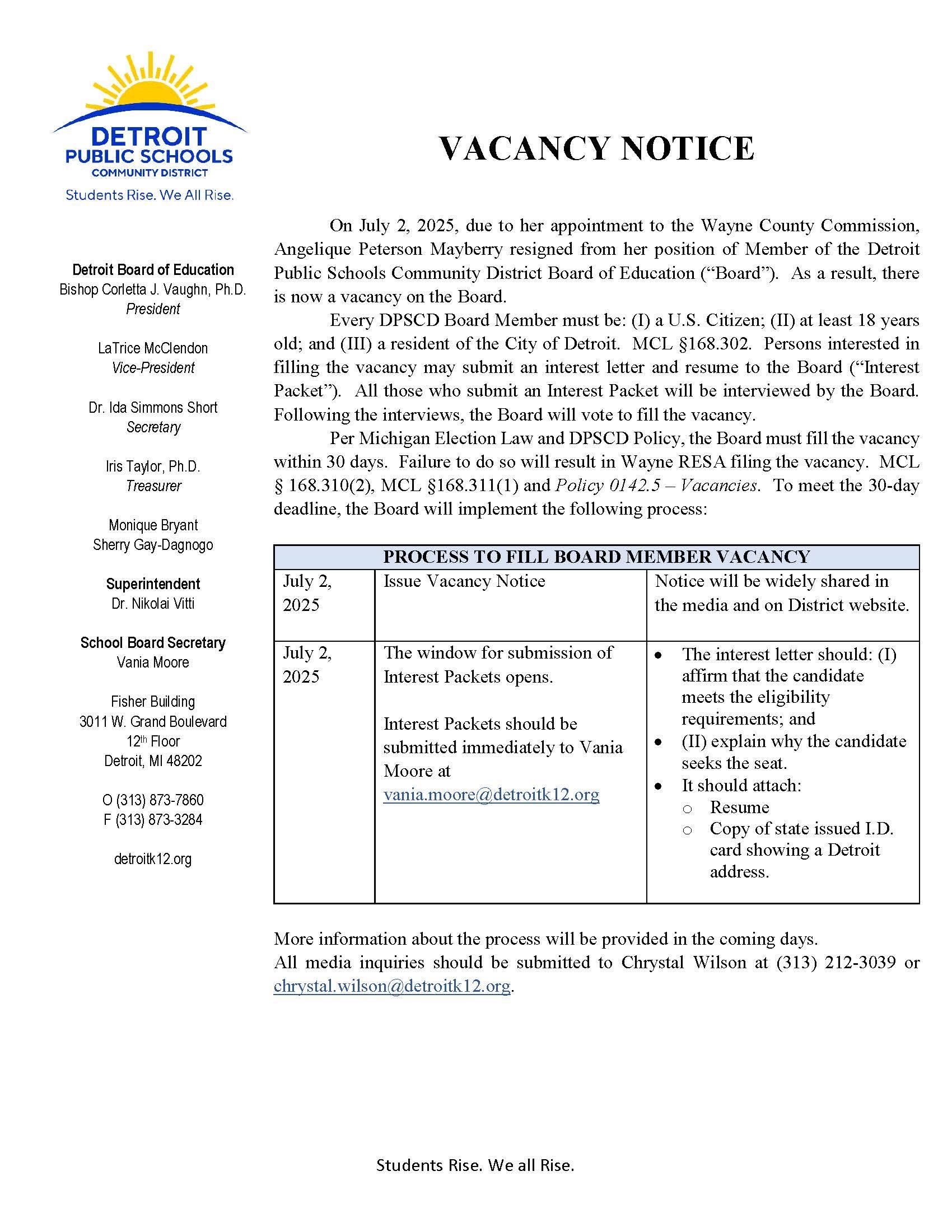 DPSCD Board of Education Vacacny